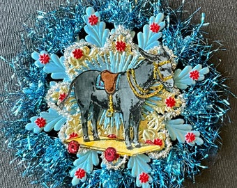 Vintage Look Handmade Victorian Christmas Ornament-Pull Toy Donkey Image, German Dresdens, Vintage Tinsel, German Tinsel, German Tinsel