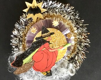 ヴィンテージ風魔女のオーナメント：ドイツのスクラップ、ティンセル