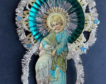 Vintage Look German Christmas Ornament – Child & Lamb, Dresden Stars, Tinsel