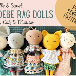 PDF Rag Doll Sewing Pattern Bundle, Baby & Animals || Phoebe Soft Doll with clothes, a printable pattern, easy for kids and beginners