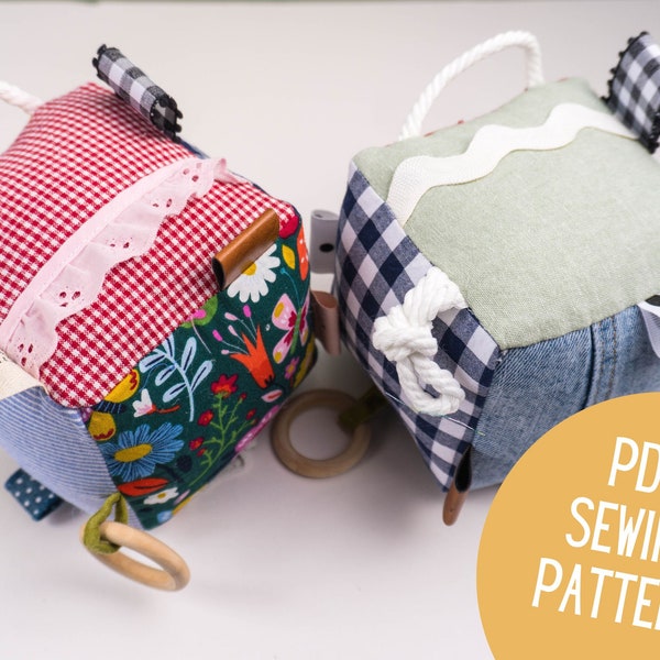 Sensory Baby Block Sewing PatternPDF printable download tutorial || Easy handmade DIY baby shower gift, soft toys for babies, teething ring