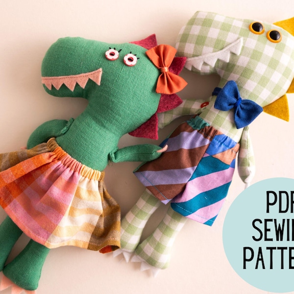 Dinosaur Rag Doll Sewing Pattern with Changeable Clothes (PDF Download)