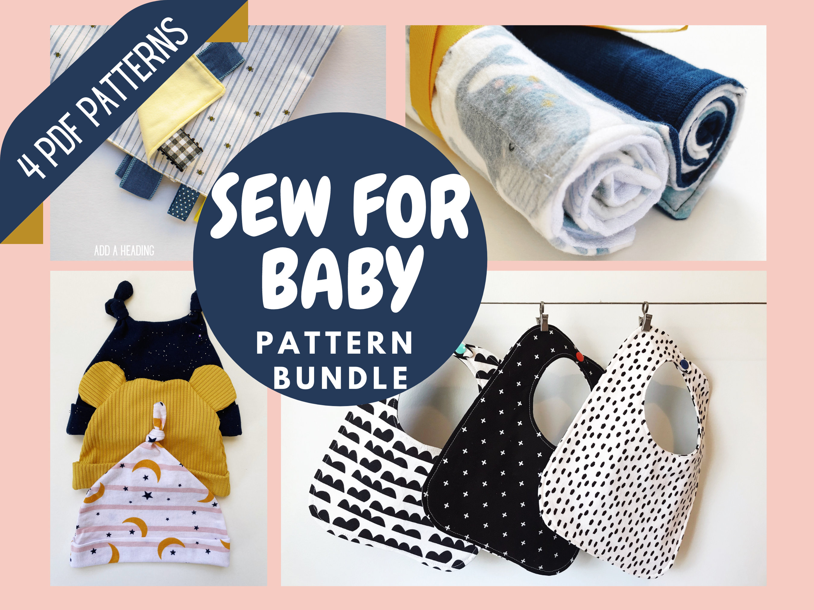 PDF Babynaaipatroonbundel voor babymutsjes, slabbetjes, spuugdoekjes en labeldekens. Handgemaakte doe-het-zelf-douchecadeaus voor beginners, digitale download