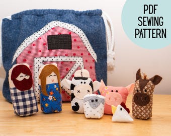 Molde para costura de conjunto de animais de fazenda com bolsa para transporte do celeiro (Download em PDF)