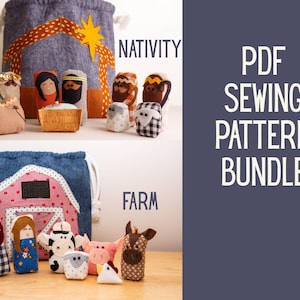 May include: A PDF sewing pattern bundle featuring felt nativity and farm sets. The nativity includes figures, a camel, and a stable bag. The farm set includes people, a cow, sheep, pig, chicken, and donkey with a barn-themed bag.