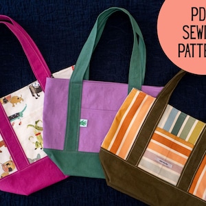 Peut inclure: Trois sacs fourre-tout avec une étiquette PDF SEWING PATTERN. Le premier sac est crème avec un imprimé de chiens colorés et des anses magenta. Le deuxième est violet avec une base et des anses vertes. Le troisième est rayé orange, bleu et blanc.