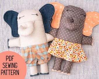 Elephant Rag Doll Sewing Pattern with Changeable Clothes (PDF Download)