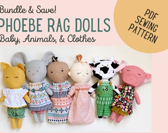 PDF Rag Doll Sewing Pattern Bundle, Baby & Animals || Phoebe Soft Doll with clothes, a printable pattern, easy for kids and beginners