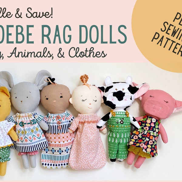 PDF Ensemble de patrons de couture pour poupée de chiffon, bébé et animaux || Phoebe Soft Doll avec des vêtements, un motif imprimable, facile pour les enfants et les débutants