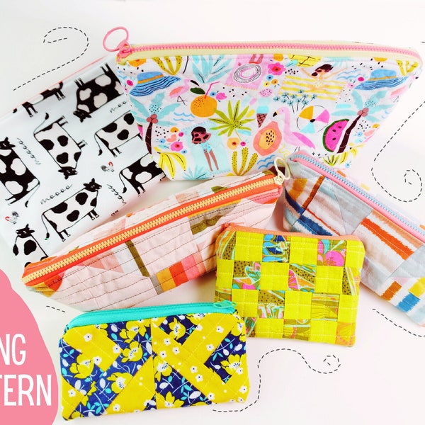 Zipper Pouch PDF Sewing Pattern, A How-To tutorial for sewing basic zip bags, quilted, with or without boxed corners. Perfect gifts to sew!