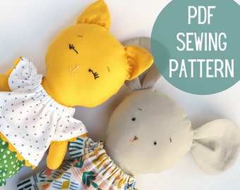 PDF Animal Rag Doll Cat & Mouse Sewing Pattern || Phoebe Soft Doll with clothes, a printable pattern including doll clothes: dress, bloomers