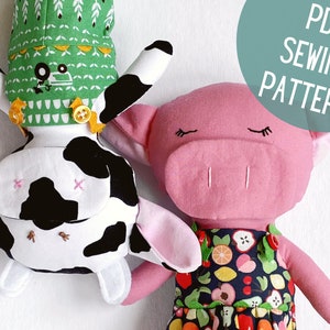 PDF Animal Rag Doll Cow & Pig Sewing Pattern || Phoebe Soft Doll with clothes, a printable pattern including doll clothes: overalls, dress