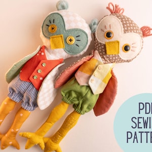 May include: Two whimsical owl plush toys with patterned bodies, button eyes, and colorful outfits. One owl wears a red vest and blue striped shorts, the other a yellow vest and green shorts. The text "PDF SEWING PATTERN" is in a blue circle.