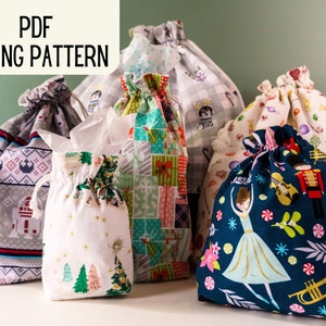 Wiederverwendbare Stoff Geschenk Taschen PDF Schnittmuster || Nachhaltige Geschenktüten in 6 Größen, einschließlich Flaschentasche, Nähanleitung für Anfänger, Weihnachten