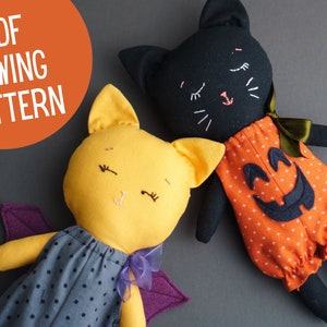 Halloween Cat Rag Doll PDF Sewing Pattern || Fall Soft Doll with Pumpkin or Bat Costume, Halloween Gift for Kids, Beginner Digital Tutorial