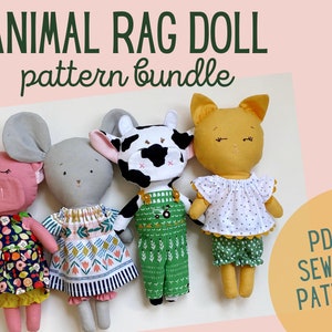 Animal Rag Dolls with Clothes PDF Sewing Pattern to Download and Print || Cat, Mouse, Cow & Pig Easy Tutorial, DIY Handmade Gift for Kids