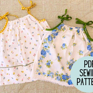 Puede incluir: Dos tops sin mangas con tirantes para anudar. El top de la izquierda es blanco con pequeños estampados florales multicolores y tirantes amarillos de lunares. El de la derecha es blanco con flores azules y tirantes verdes. Texto: PDF SEWING PATTERN.