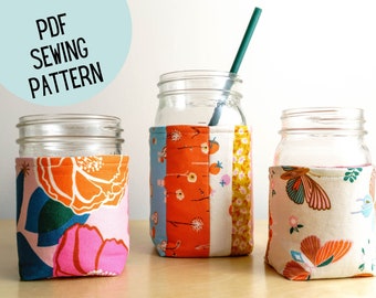 Mason Jar Insulated Cozy PDF Sewing Pattern, a sleeve in two sizes, Instant Digital Download, Beginner Tutorial, Quart and Pint Size Jars