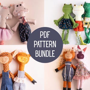 May include: A selection of handmade soft toy dolls, featuring hippos, frogs, deer, and horses. The dolls are wearing outfits like tutus, dungarees, and dresses. The image includes the text "PDF PATTERN BUNDLE".