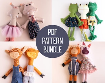 Animal Rag Doll Sewing Pattern Bundle: Giraffe, Frog, Hippo, Horse & Unicorn Dolls with Clothes (PDF Download)