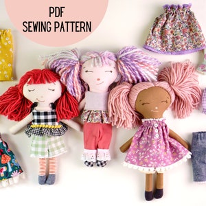 Rag Doll PDF Sewing Pattern with yarn hair and changeable clothes, handmade gift for kids, baby doll with clothes digital printable tutorial