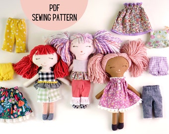 Rag Doll PDF Sewing Pattern with yarn hair and changeable clothes, handmade gift for kids, baby doll with clothes digital printable tutorial