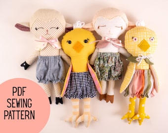 Lamb & Chick Rag Doll Sewing Pattern with Changeable Clothes (PDF Download)