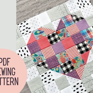 Heart Quilt Block Sewing Pattern, 10&quot; Block Tutorial, Beginner Quilting Guide for handmade mini quilt or Valentines Day gift, Scrap Friendly