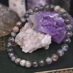 May include: A beaded bracelet with a mix of gray, blue, and tan stones. The bracelet is displayed with a backdrop of crystals, including a large purple amethyst and a cluster of clear quartz crystals. The bracelet is on a dark green surface.