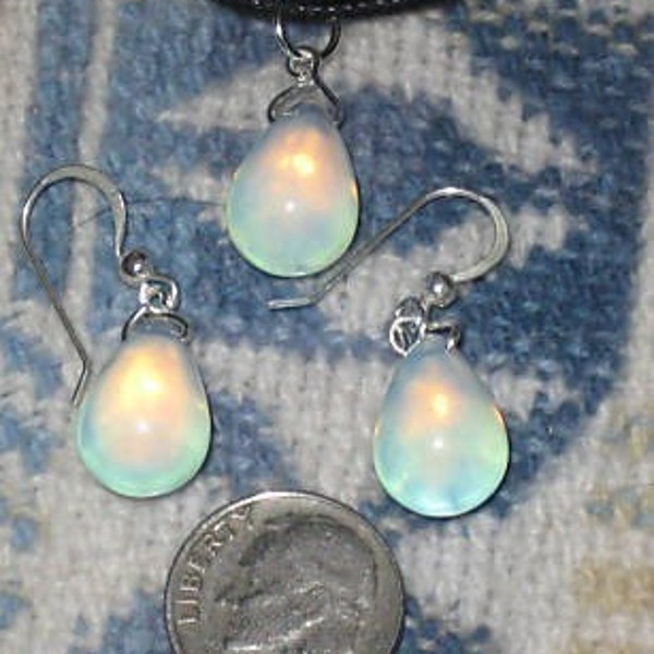 Sterling Silver Sea Opal Opalite Glass Teardrop Pendant Earring Set