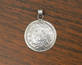 New Silver Tone Domed Aztec Sun Calendar Pendant Necklace
