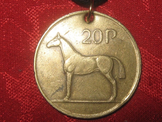Authentic Antique Vintage Irish Ireland Bronze Gold Coin Harp Horse Pendant Necklace