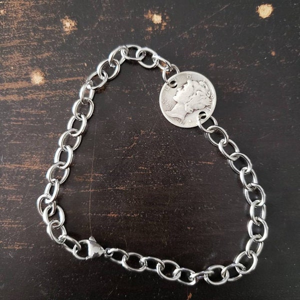 Authentic Vintage Stainless Steel 900 Silver Coin Mercury Dime Link Adjustable Charm Bracelet