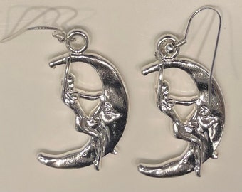 Unique  Lady Riding The Moon Lead Free Pewter Zinc Earrings