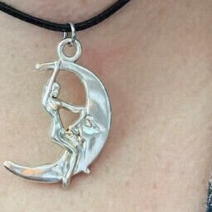 LADY  Riding The  Moon  Lead Free  Pewter Zinc Pendant with a 18 inch 1mm 925 sterling silver box chain