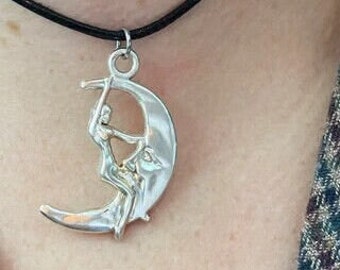 LADY  Riding The  Moon  Lead Free  Pewter Zinc Pendant with a 18 inch 1mm 925 sterling silver box chain