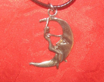 Lady Riding The Moon Silver Tone Pendant Necklace