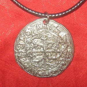 ONE Necklace Four Escudo Spanish 32MM Silver Tone  Pieces Of Eight Pirate COIN Pendant