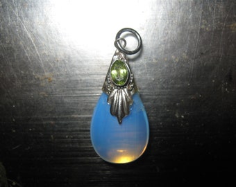 925 Sterling Silver Sea Opal Opalite Glass Peridot Teardrop Pendant Necklace