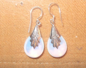 925 Sterling Silver Sea Opal Opalite Glass Teardrop Dangle Earrings