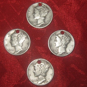 Wholesale  Lot  Of Four Drilled  900 Silver Vintage Mercury Dimes