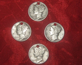 Wholesale  Lot  Of Four Drilled  900 Silver Vintage Mercury Dimes