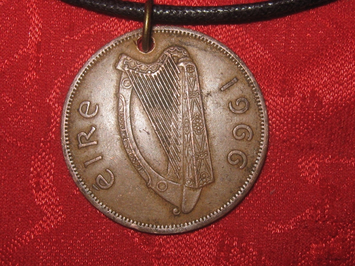 thumbnail image 2 of Vintage Irish Harp Coin Pendant Necklace – Unisex, Alloy, Adjustable Cord, Silver/Gold Tone, USA Made 2 of 5