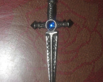 Lightweight Pewter Sword Blue Crystal Pendant Necklace