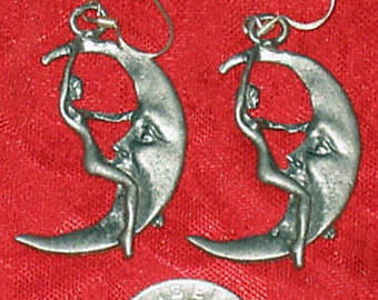 Unique  Lady Riding The Moon Silver Tone Pewter/zinc Earrings
