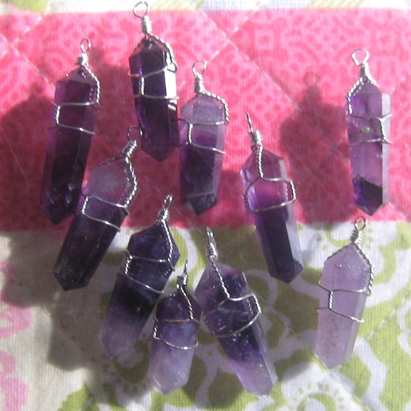 Wholesale  Lot Of 10 Genuine  Amethyst  Wire  Wrapped  Crystal Pendants