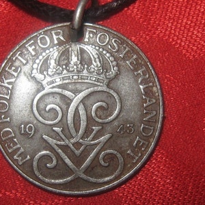 Authentic Vintage Sweden Swedish  Crown Iron Coin Pendant  Necklace