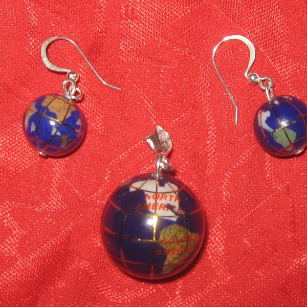 Medium Lapis Color Inlay  Intarsia  Gemstone  World  Globe Pendant  Earrings  Set