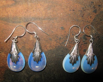 Lot of 2 pair 925 Sterling Silver Blue Sea Opal Opalite Glass Teardrop Earrings