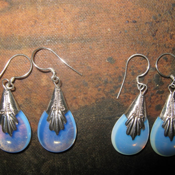 Lot of 2 pair 925 Sterling Silver Blue Sea Opal Opalite Glass Teardrop Earrings